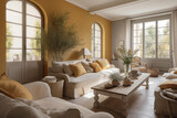 Fototapeta  - Provence interior, living room in the countryside, natural and earth tones