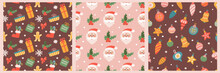 Set Of Christmas And Happy New Year Seamless Patterns, Gift Boxes, Santa, Spruce Twigs. Vector Holiday Background