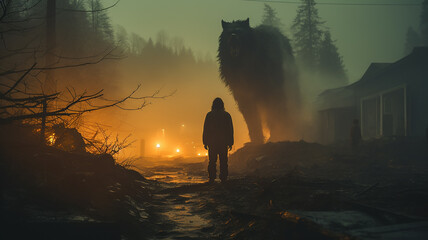 Wall Mural - werewolf silhouette fear horror in the forest ghoul ancient horror fairy tale beast wolf predator in the fog of the night forest