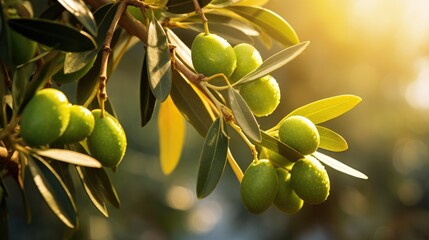 olive branch with green olives illuminated by the sun, close up