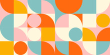 Retro Geometric Aesthetics. Bauhaus And Avant-garde Inspired Vector Background With Abstract Simple Shapes Like Circle, Square, Semi Circle. Colorful Pattern In Nostalgic Pastel Colors.