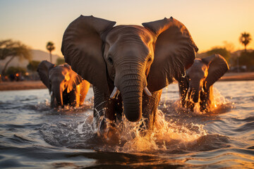 a family of elephants playing in a river