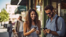 Couple Laughing And Using Phone At Outside