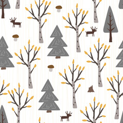 Wall Mural - Autumn seamless pattern with doodle hand drawn birch and fir trees forest and deers. Cartoon flat Scandinavian style, design textile fabric, wrapping paper, wallpaper, kids. Vector.