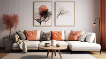 Round Coffee Table Near White Corner Sofa With Terra Cotta Cushions Near Paneling Wall With Art Poster. Scandinavian Home Interior Design Of Modern Living Room, Generative Ai
