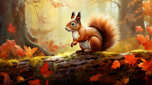 Beautiful Red Squirrel In The Autumn Forest