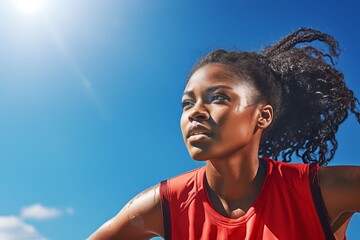 Wall Mural - Portrait of black woman exercising sweating on the field on a sunny day at the stadium