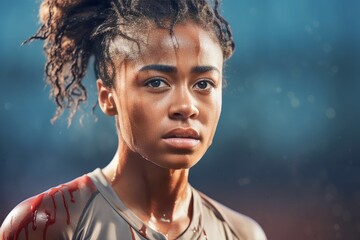 Wall Mural - Portrait of black woman exercising sweating on the field on a sunny day at the stadium