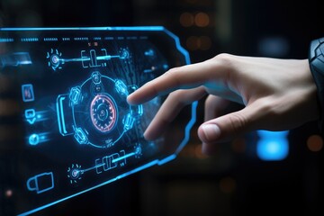 A hand pointing and touching IoT interface. Generative AI
