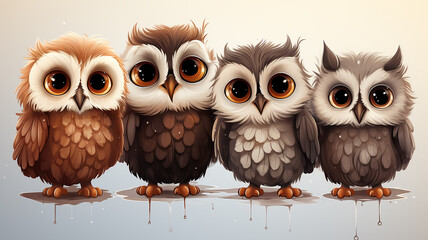 Wall Mural - collection of cute cartoon owls on a white background set