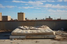 Neglected Rooftop Site With Abandoned, Deteriorated Mattress Left Outside Against A Wall. Generative AI