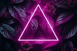 Neon triangle frame on vibrant violet leaves with rain drops background. Natural textured foliage. Dark flowers. Backplate for party, futuristic and cyberwave thematic collections. Generative AI