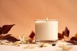 Burning vanilla candle on beige background. Warm aesthetic autumn composition with and dry leaves and flowers. Home comfort, spa, relax and wellness concept. Interior, Generative AI