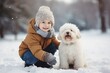 © Maria Tatic - Cute child with happy face wearing a warm hat and warm jacket surrounded with snowflakes with white dog. Winter holidays concept.