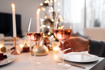 Wall Mural - People toasting with glasses of rose wine celebrating holidays, beautiful Christmas table setting and decoration in the background