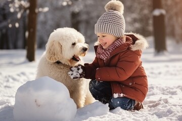 Cute child with happy face wearing a warm hat and warm jacket surrounded with snowflakes with white dog. Winter holidays concept.