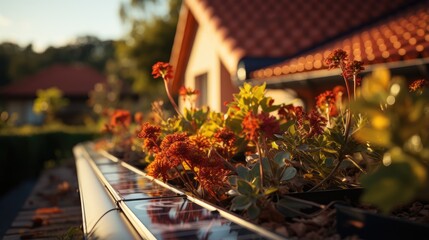 Wall Mural - solar panels on the red roof of the house with hot sun