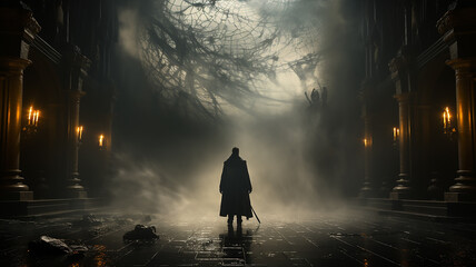 Wall Mural - Dark person view from the back in the throne room horror, lord of evil gloomy game background.