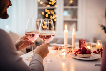 People toasting with glasses of rose wine celebrating holidays, beautiful Christmas table setting and decoration in the background