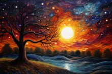 Stunning Landscape Artwork Depicting A Starry Night, Radiating A Sense Of Mysticism. Perfect As A Wallpaper. Generative AI