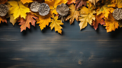 Wall Mural - background frame school chalkboard black framed with yellow autumn leaves.