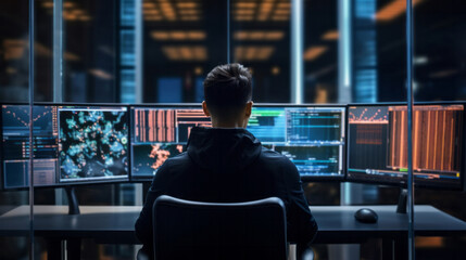 Man, programmer and coding for networking, malware or cyber security specialist.