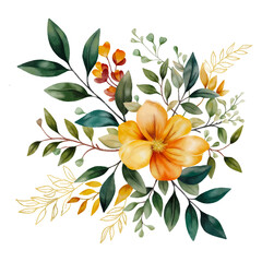 Wall Mural - Watercolour botanical composition with orange flowers, foilage and golden elements. Autumn Bouquet isolated. Botanical print, poster, wall art