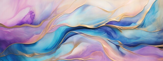 Aufkleber - Abstract watercolor paint background illustration - Soft pastel pink blue color and golden lines, with liquid fluid marbled paper texture banner texture