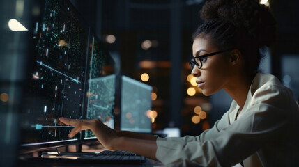 Woman, programmer and coding for networking, malware or cyber security specialist.