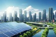 Urban solar panel plant amidst ecological energy with notable landmarks. Generative AI