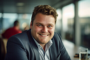 Plus-size male manager in a meeting with employees and colleagues at his business office.
