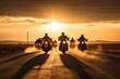 © Stavros - Group of bikers man riding speed motorcycle on empty motion road against beautiful golden sunset with dusky sky. Collective of motorcyclist cruising together.
