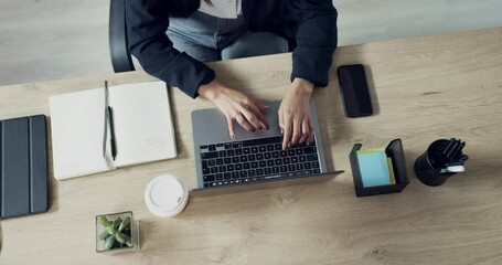 Hands, person above and typing on laptop with email and website developer project in a office. Digital working, research and computer with business and online web design with ux and tech and desk