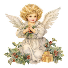 Christmas Angel With Christmas Tree Watercolor Clipart, Angel Girl Xmas Decoration, Vintage Angel Illustration