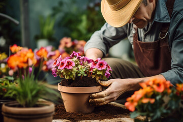 Man picking plant working flower gardener agriculture farmer