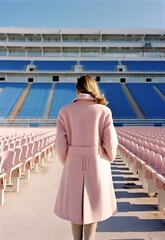 Wall Mural - a girl in a pink coat at the stadium