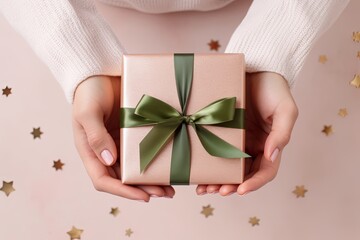 Female hands in sweater with pink manicure holding present in white paper with satin ribbon on festive beige background. Xmas composition. Flat lay. Happy holidays, New Year celebration, Generative AI