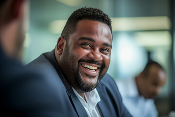 Plus-size male manager in a meeting with employees and colleagues at his business office.
