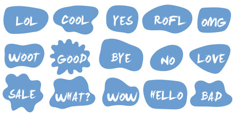 Aufkleber - Clouds of online chats Bubble Talk phrases with comments of different words. Blue bubble clouds with emotion words.