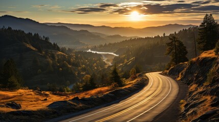 Wall Mural - Top view of mountain road in forest at sunset