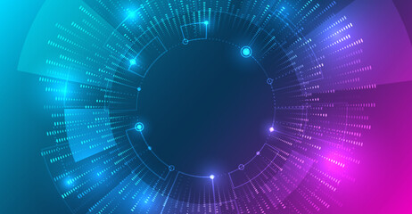 Big data visualization. Abstract stream information with circles array and binary code. Information analytics concept. Filtering machine algorithms. Sorting data. Vector technology background.