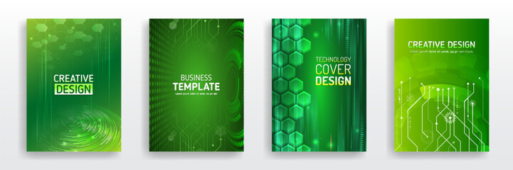 Wall Mural - High-tech corporate document cover design. A green set of hi-tech covers for presentation and marketing. Futuristic design for medical, scientific, computer flyers, brochures, and webinar pages.