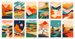 © Dedraw Studio - Big set of abstract mountain landscape banner collection. Trendy flat collage art style backgrounds of diverse vintage travel scenery. Nature environment, coast biome, multicolor hills, desert dunes.