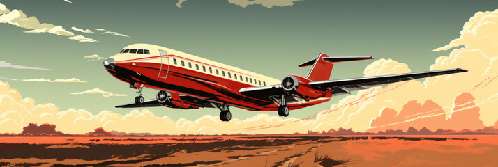 Sticker - A red and white airplane flying over a desert landscape, AI