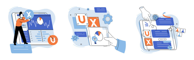 User experience design. Vector illustration. UX, roadmap for smooth user interface journey Designing software, task of building compelling user interface User interface, mirror reflecting softwares