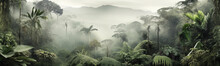 Panorama Of The Rainforest Tree Tops In The Fog.