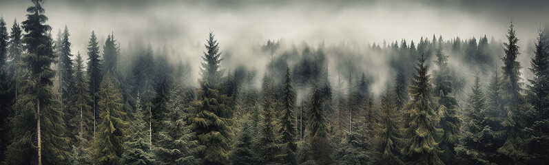 Wall Mural - panorama of a coniferous forest in the mist of tree tops.