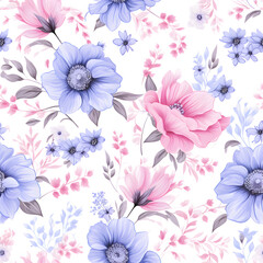 Wall Mural - Seamless pattern pink and blue flower in white, floralpunk, dollcore, white background, captivating, pastel - hued, victorian

