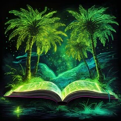 Wall Mural - beautiful green palm trees comes out of a book with attractive light and details 