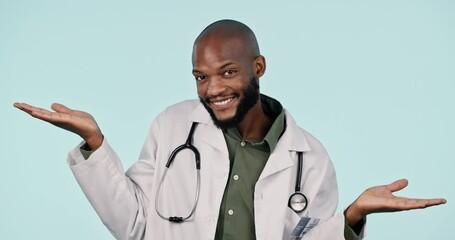 Poster - Face, doctor and black man with options, choice and questions on a blue studio background. Portrait, African person and medical professional with review, healthcare and feedback with presentation